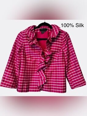 Nina McLemore 100% Silk Pink Plaid Ruffle Blazer Jacket Size 4 Career Chic